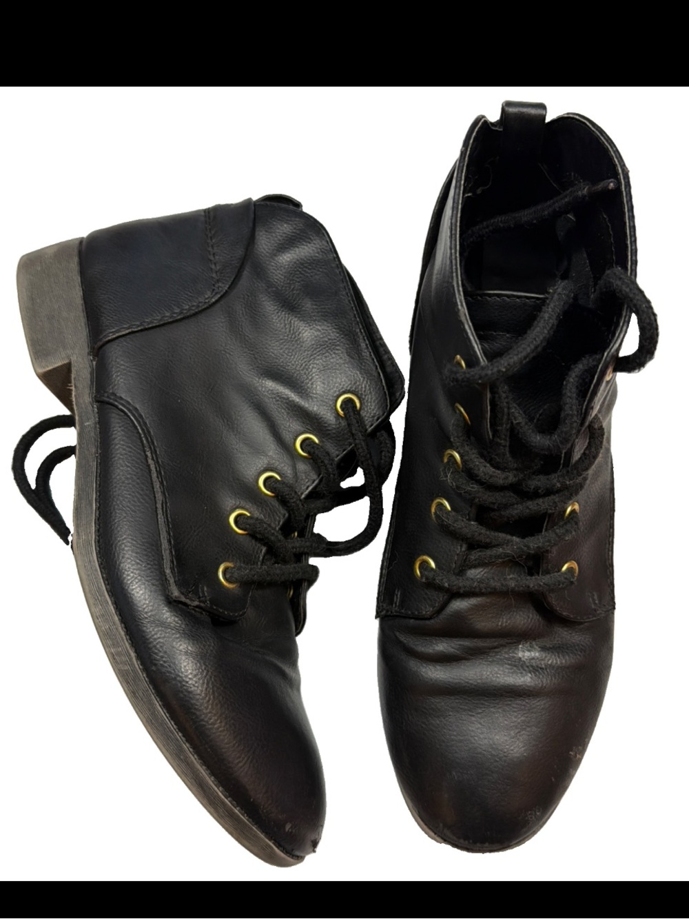 Vtg BLACK ANKLE Granny BOOTS Lace Up Gold Grommets Witchy Character Shoes 8.5 M